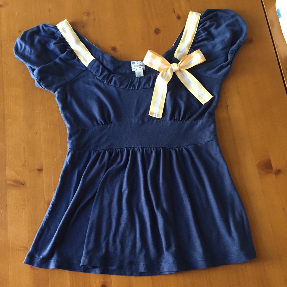 Anthro Ric Rac Blue Ribbon Puffy Sleeve Top